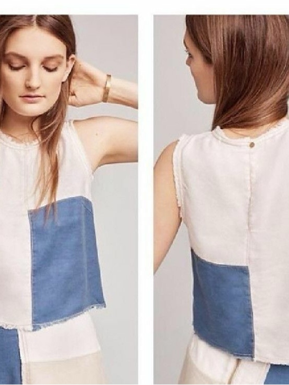 Anthropologie/Holding Horses White and Blue Denim Patchwork Tank